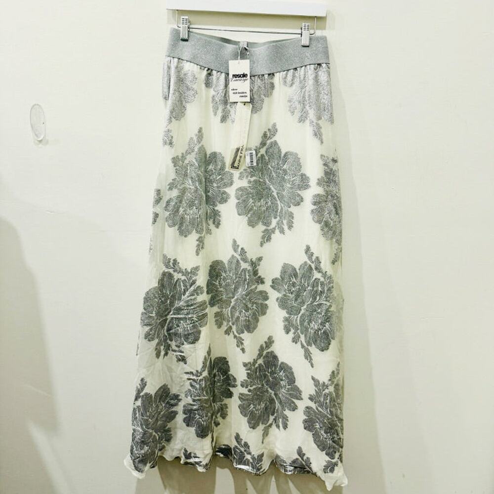 NWT Marie France Van Damme Flower Sweep A-Line Midi Skirt White/Silver 3 / Large